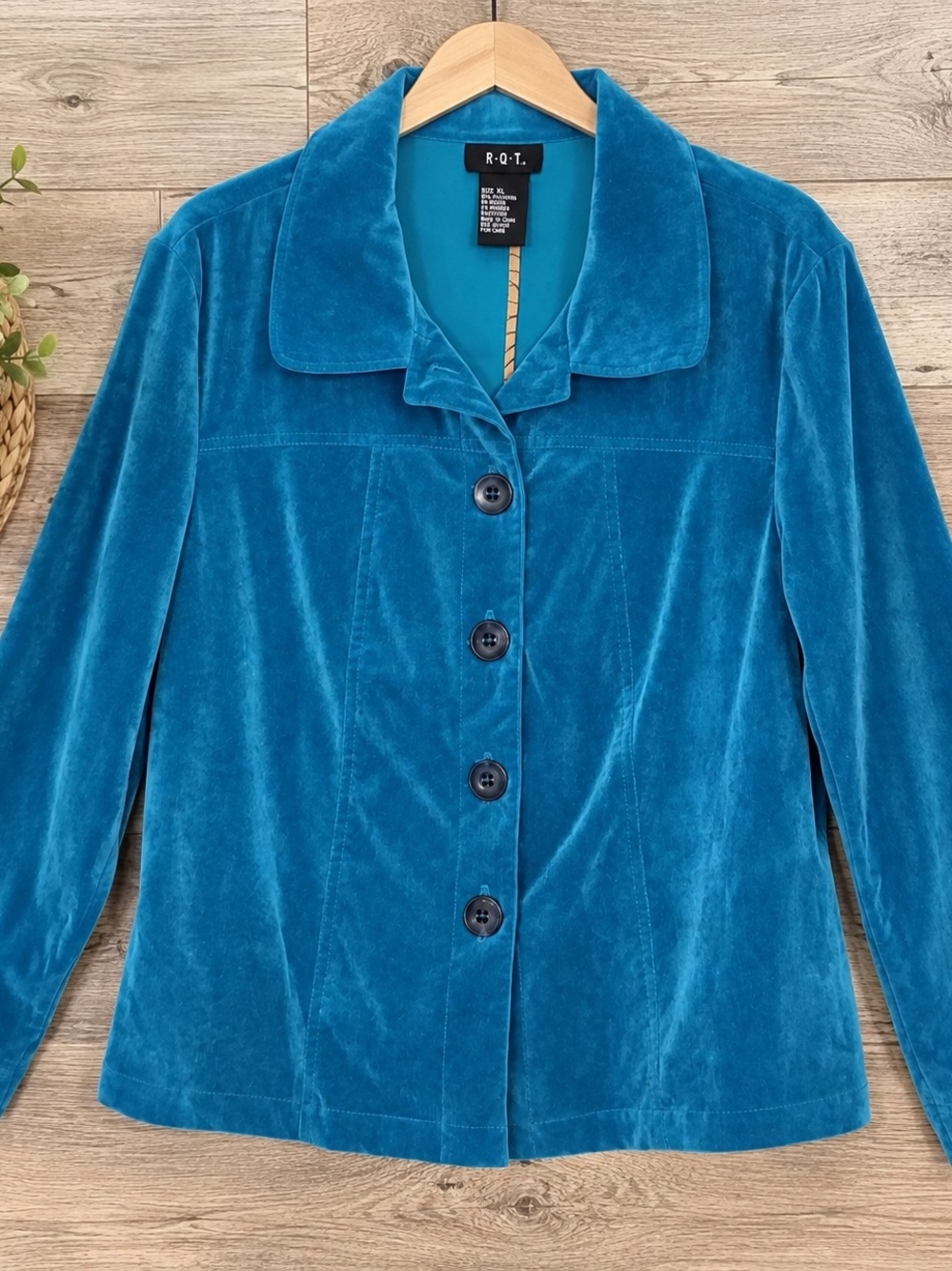 R.Q.T. Teal Velvet Button-Front Women's Blazer Jacket